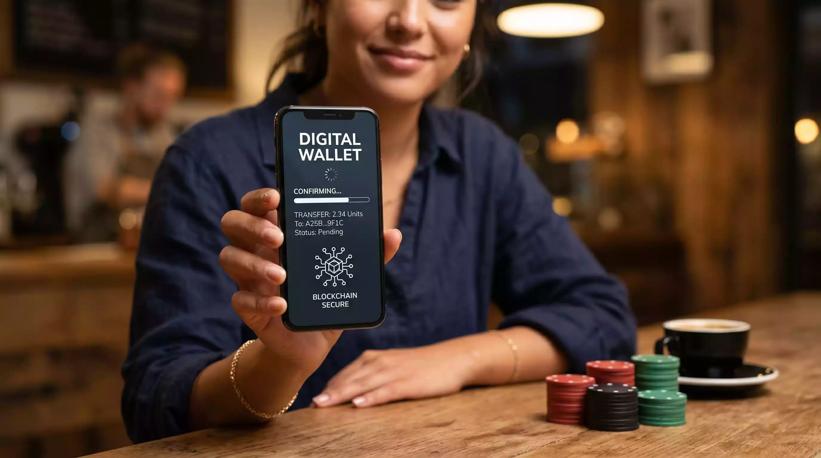 Smartphone displaying a cryptocurrency wallet with Bitcoin and Ethereum balances next to casino chip tokens